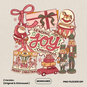 Puede incluir: Ilustración navideña vintage con un diseño festivo. La imagen presenta a Papá Noel, un carrusel, un coche cargado de regalos y un sello con la frase "Sending Joy Christmas". Otros elementos incluyen un tambor, un cascanueces y una caja de regalo.