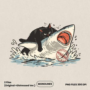 May include: A vintage-style illustration of a black cat riding a shark. The shark has its mouth open, and water splashes around them. The cat is lying on the shark's back. The image includes the text "MONOLINES".