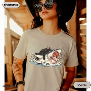 Funny black cat riding shark PNG, bold vintage monoline art digital download, 300 DPI transparent background, summer tshirt design for sublimation tumblers mugs stickers and instant download