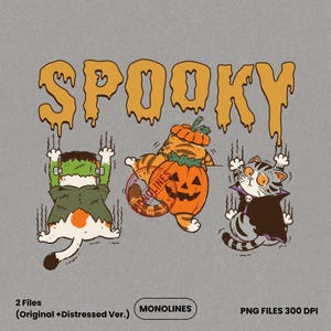 Hand drawn spooky cat PNG showing three playful Halloween kittens in funny costumes with bold vintage illustration style and transparent background.