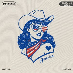 May include: A blue and white illustration of a woman wearing a cowboy hat and heart-shaped sunglasses with an American flag design. The word "America" is written in script below the woman's face. The image has the text "MONOLINES" and "PNG FILES".
