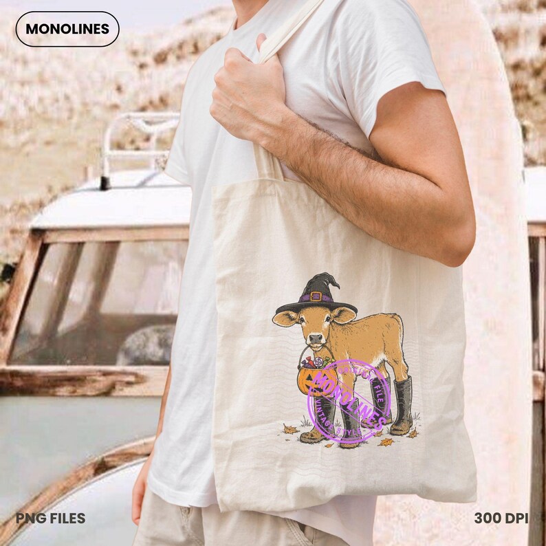 May include: A beige canvas tote bag featuring a graphic illustration of a tan calf wearing a black witch hat and black boots, holding a small orange pumpkin bucket. The design includes a purple circular stamp overlay and scattered leaves.