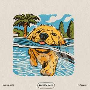 May include: Illustration of a golden retriever dog in a pool, with its head above the water and paws extended. The dog has a pink tongue sticking out. The background includes a palm tree, other trees, and blue water. The image has the text "MONOLINES" and "PNG FILES".