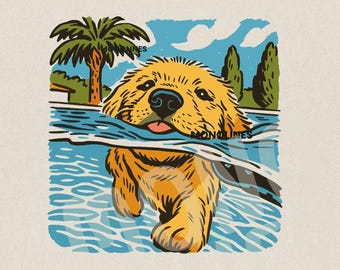 Golden Retriever Pool Print: Retro Summer Pet Art (PNG Digital Download