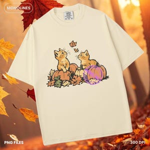 Cute fall kitten illustration with pumpkins and autumn leaves in warm vintage colors, perfect for fall sublimation, apparel and seasonal crafts.