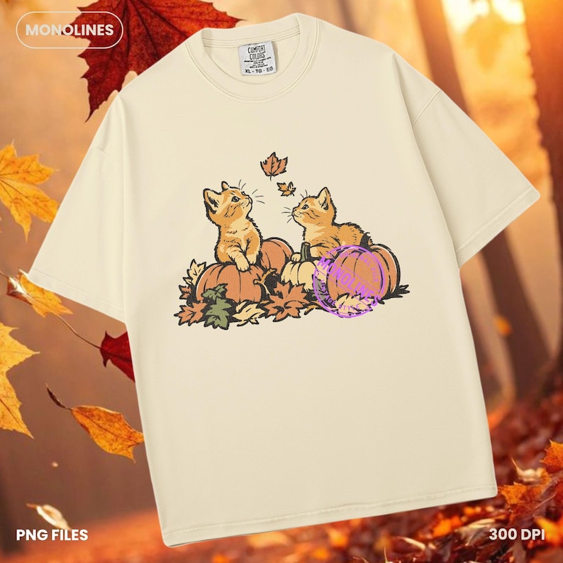 Cute fall kitten illustration with pumpkins and autumn leaves in warm vintage colors, perfect for fall sublimation, apparel and seasonal crafts.