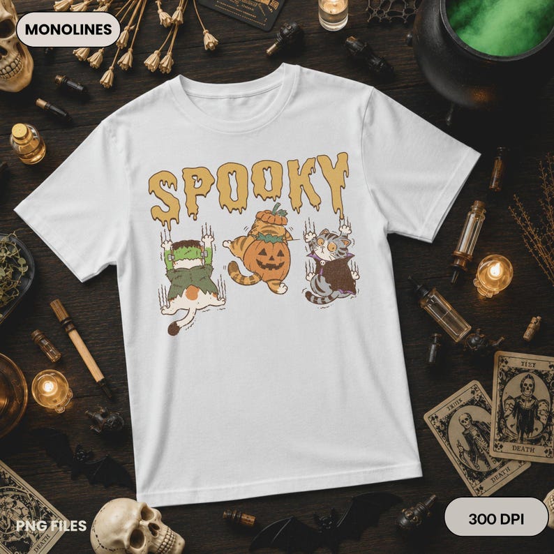 Funny Halloween cat PNG featuring pumpkin costume cat, vampire kitten and Frankenstein kitty beneath spooky dripping lettering for sublimation printing.