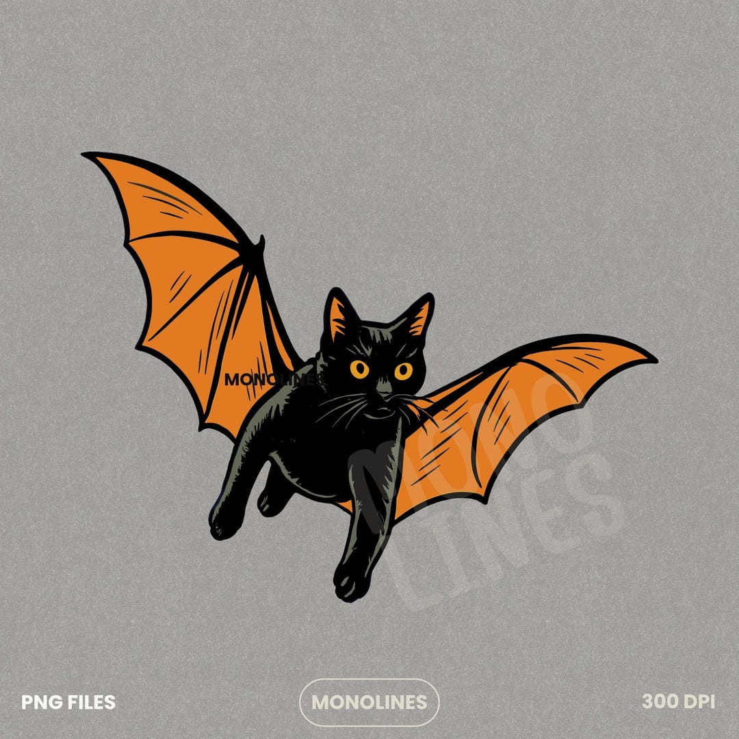 Vintage Halloween Cat PNG: Funny Black Cat With Bat Wings (digital ...