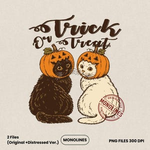 May include: A digital illustration featuring a black cat and a white cat, each wearing a carved orange pumpkin on its head. Above the cats, the text reads Trick Or Treat in brown script. A red circular stamp with the text MONOLINES is visible.