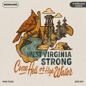 West Virginia forte, West Virginia Cardinale Art PNG, Mappa dello Stato forte Clipart, Torre di trivellazione petrolifera vintage Design naturalistico, Che accada quel che accada