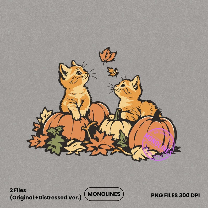 Cozy fall kitten artwork featuring pumpkins and autumn foliage, transparent Fall Cat PNG for sublimation and apparel printing.
