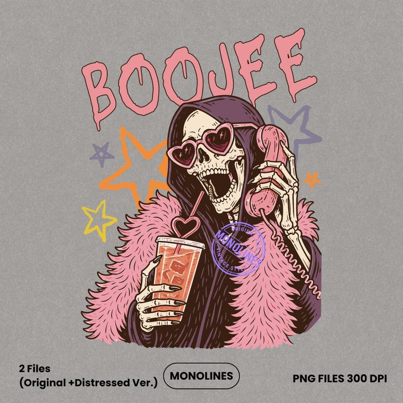 Cute goth skeleton illustration in pink coquette style holding a vintage telephone, Halloween shirt PNG with feminine aesthetic