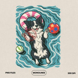 May include: Illustration of a black and white dog floating in blue water with a pink and white inflatable ring. The dog is smiling and has a red stamp on its chest. A red, blue, and yellow ball and a green and white ball are also in the water.