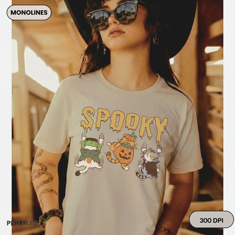 Cute Halloween cat design featuring three dressed up kittens with melting spooky typography perfect for shirts stickers tumblers and gifts.