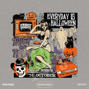 May include: Halloween-themed graphic with a woman, black cats, pumpkins, and a ghost. Text includes "Everyday is Halloween," "Trick or Treat," and "31 October." The design features an orange car and a skull wearing a cowboy hat.