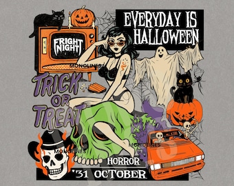 Retro Halloween Collage PNG: Witch, Skeletons, Pumpkins (Digital Download 4500x5400 px)