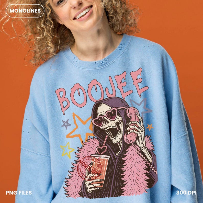 Pink coquette skeleton holding a drink and talking on a vintage telephone, trendy Halloween shirt graphic PNG