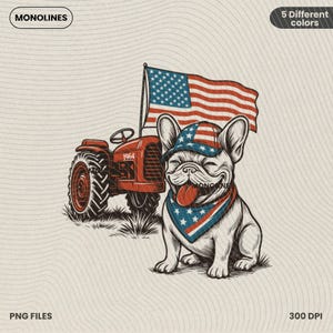 French Bulldog Tractor USA Flag PNG, Patriotic Farm Dog, Cute 4th of July Country Shirt Design, Independence Day Puppy Art, western America