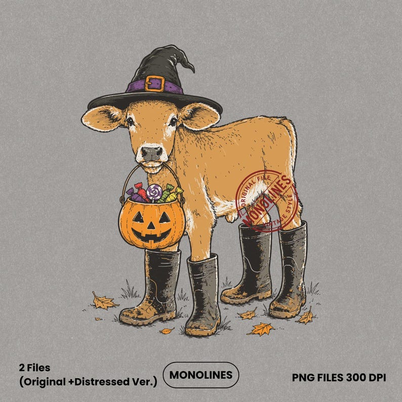 Cow Halloween PNG showing a farm calf dressed as a witch holding a trick or treat pumpkin bucket for sublimation, western apparel and Halloween projects.