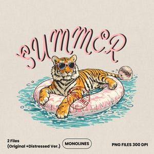May include: Illustration of a tiger wearing sunglasses, lounging on a pink inflatable ring in water. The word "SUMMER" is written above the tiger in pink script. A disco ball floats nearby. The image includes the text "MONOLINES".