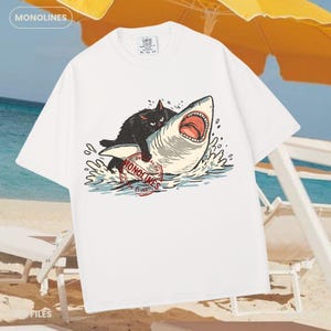Funny cat shark PNG digital download, black cat on shark summer design, high resolution 300 DPI transparent background, instant download for DTG sublimation tshirt printing, sticker making, and Cricut