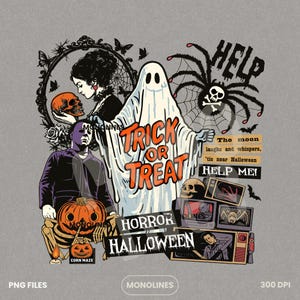 Halloween Collage PNG, Retro Trick or Treat Ghost Sublimation, Horror Skull TV Clipart, Gothic Woman, Spooky October 31 Art, funny halloween