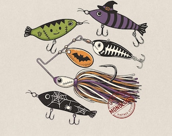 Può includere: Una collezione di cinque esche da pesca a tema Halloween che include un pesce Frankenstein verde, un pesce con cappello da strega viola, un pesce scheletro, un'esca rotante con un pipistrello e un pesce con ragnatela nera. Testo: 2 Files, Original + Distressed Ver., MONOLINES.