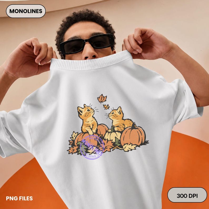 Warm autumn pumpkin kitten illustration in vintage colors, perfect for sublimation, DTF printing and handmade gifts.
