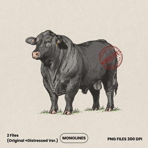 May include: A digital illustration of a dark grey bull standing on a patch of green grass. The bull is rendered in a detailed line art style. A circular red stamp with the text MONOLINES is visible on the side of the bull. The background is beige.