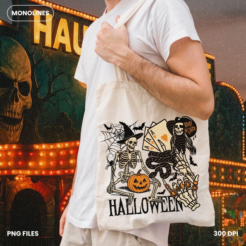 May include: Beige Halloween tote bag featuring a skeleton wearing a witch hat, a pumpkin, playing cards, and the text "HALLOWEEN". The bag is held by a person in a white t-shirt.