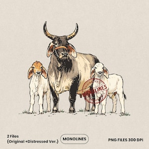 May include: A digital illustration of a large Brahman cow with long horns and two smaller calves standing together. The artwork features a red circular stamp overlay with the text MONOLINES. The bottom text reads 2 Files (Original +Distressed Ver.)