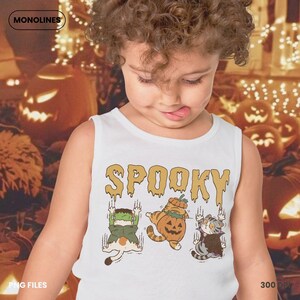 Halloween cat clipart PNG showing cute spooky kittens dressed as Frankenstein pumpkin and vampire with bold hand drawn illustration style.