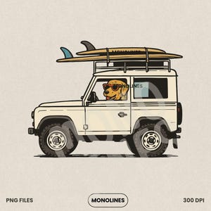 Zomer surfhond SUV rijden, grappig zomerhuisdier in auto, retro road trip hond clipart, Golden Retriever Adventure Art, zomer surfen, zomer hond