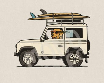 Sommer Surf Dog PNG, Golden Retriever Suv Adventure Art (Digitaler Download)