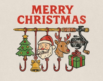 Puede incluir: Ilustración festiva con el texto "MERRY CHRISTMAS" en rojo. El diseño presenta iconos navideños colgados de una caña de pescar, incluyendo un árbol de Navidad, Papá Noel, un reno, un regalo y un carrete de pesca.