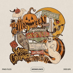 Halloween Motel Collage PNG, Retro October 31 Clipart, Spooky Pumpkin Ghost Skull Sign, Vintage Horror Sublimation, Haunted Artwork PNG