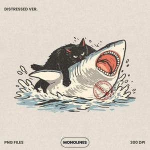 Cat riding shark summer PNG, retro monoline black cat on shark ocean illustration, 300 DPI transparent background digital download, funny cat tshirt design for sublimation and instant digital download