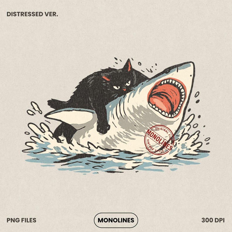Cat riding shark summer PNG, retro monoline black cat on shark ocean illustration, 300 DPI transparent background digital download, funny cat tshirt design for sublimation and instant digital download