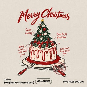 Peut inclure: Une illustration numérique d'un gâteau surmonté d'un sapin de Noël, de fraises et de glaçage rouge. Le texte inclut Merry Christmas, Sweet holiday, Share the joy of Christmas, Merry moments with loved ones, et sweet treats & Christmas cheer.