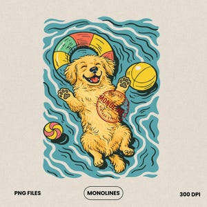 Pode incluir: Ilustração de um cão golden retriever flutuando na água com um anel insuflável colorido e uma bola amarela. O cão está sorrindo. A imagem inclui o texto "MONOLINES" e "PNG FILES".