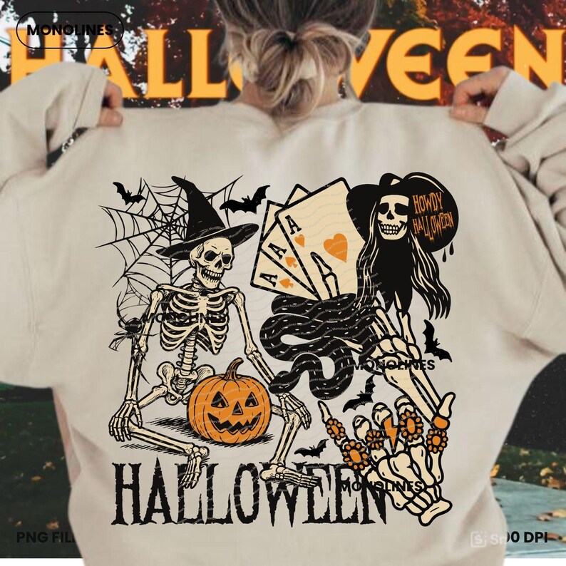 May include: Beige Halloween-themed sweatshirt featuring a skeleton wearing a witch hat, a jack-o'-lantern, playing cards, and the text "Howdy Halloween." The design includes bats and a spider web. The word "Halloween" is printed at the bottom.