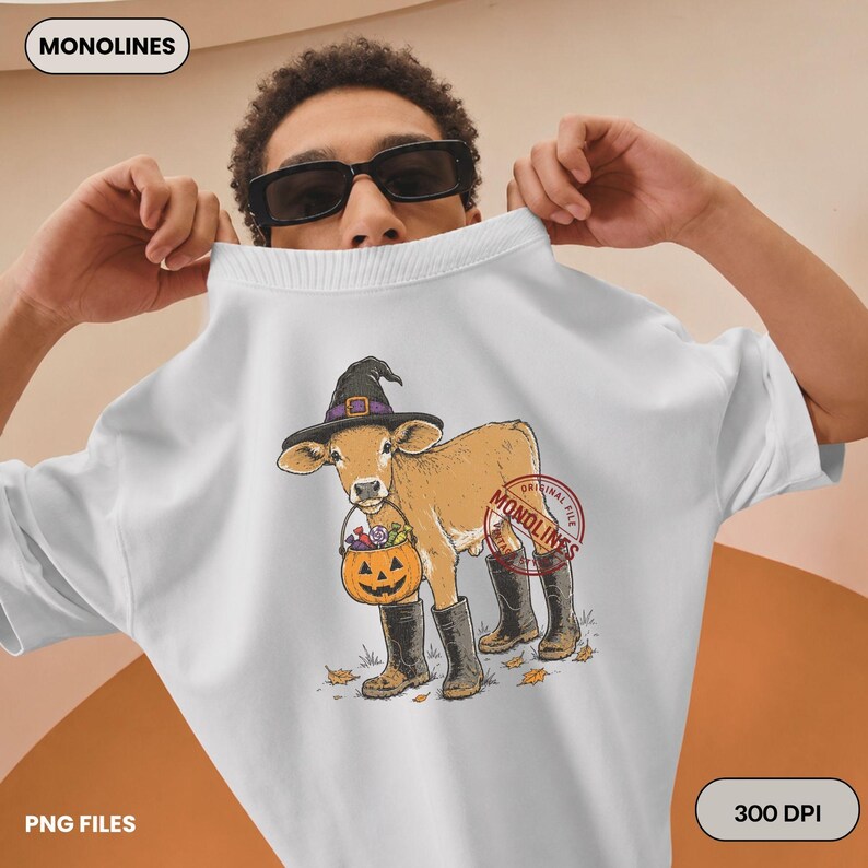 Cute Halloween cow clipart featuring a smiling farm calf with trick or treat pumpkin bucket in detailed vintage hand drawn artwork.