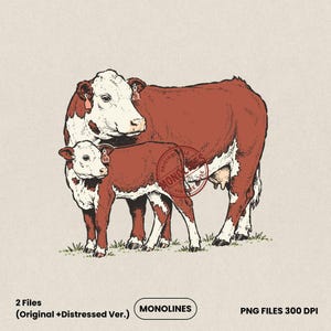 May include: A digital illustration of a brown and white cow standing with a calf. Both animals have ear tags. The cow has a white face and brown body, while the calf is smaller with similar markings. A circular watermark is visible on the cow.