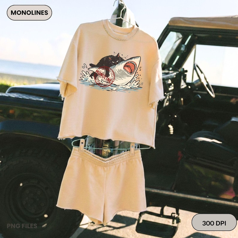 Black cat shark summer PNG digital download, vintage monoline illustration 300 DPI transparent, funny summer cat tshirt png, instant download for sublimation DTG Cricut iron-on and sticker projects