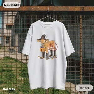 Vintage Halloween calf illustration with witch hat, rain boots and pumpkin bucket designed for sublimation, apparel printing and DIY craft projects.
