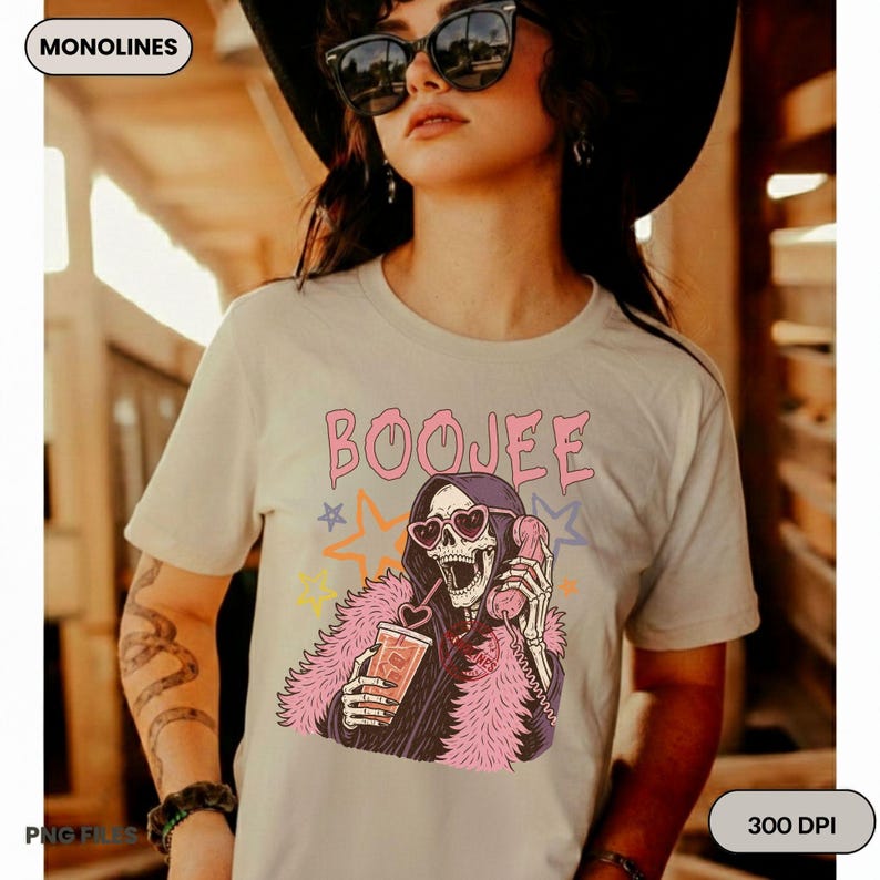 Coquette Halloween graphic featuring a fashionable skeleton drinking iced coffee while chatting on a pink retro phone