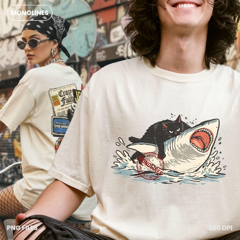 Funny cat riding shark transparent PNG, vintage retro monoline black cat summer design, 300 DPI high resolution digital download, instant download for tshirt printing sublimation and iron-on transfers