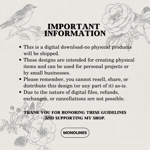 K&ouml;nnte beinhalten: Ein Informationsblatt f&uuml;r digitale Downloads mit einem floralen Design und dem Text "IMPORTANT INFORMATION". Das Blatt listet Richtlinien f&uuml;r die Verwendung digitaler Designs auf, einschlie&szlig;lich Einschr&auml;nkungen hinsichtlich Weiterverkauf und Weitergabe. Es wird auch darauf hingewiesen, dass keine physischen Produkte versandt werden.