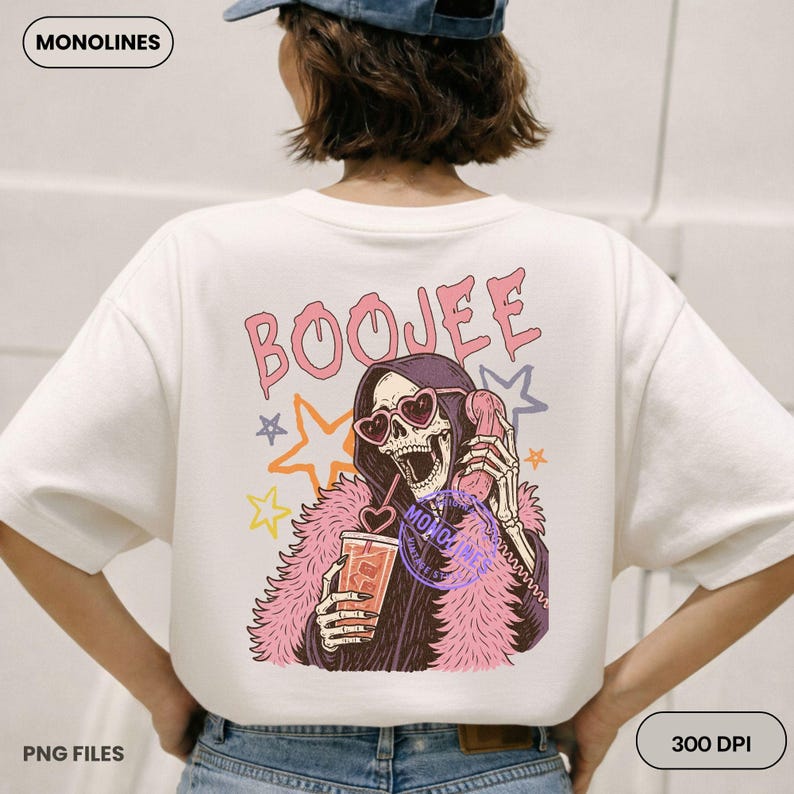 Coquette skeleton holding a retro pink telephone and drink cup with heart straw, cute spooky season PNG for apparel printing