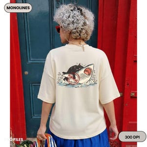 Black cat on shark PNG clipart, funny summer tshirt design digital download, vintage monoline illustration 300 DPI transparent background, instant download for sublimation mugs tumblers and stickers